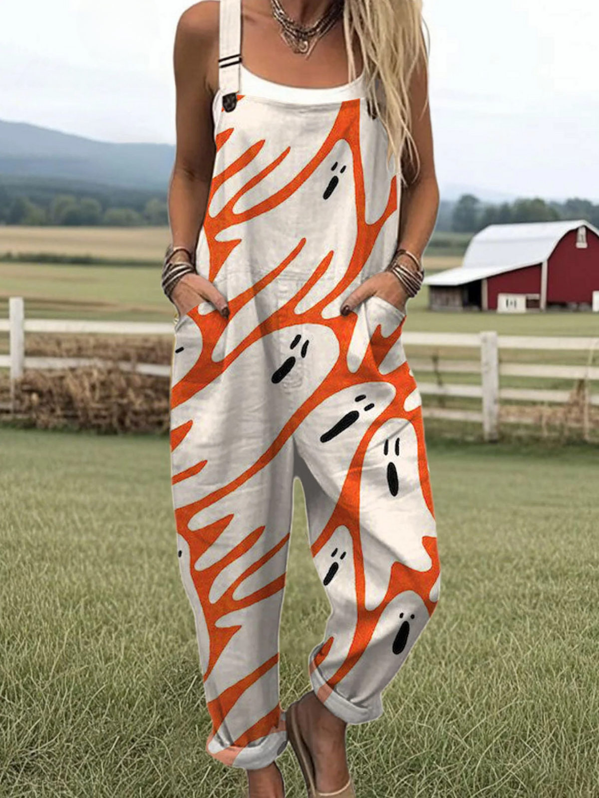 Women's Ghost Art Print Casual 100% Cotton Wide Leg Jumpsuit