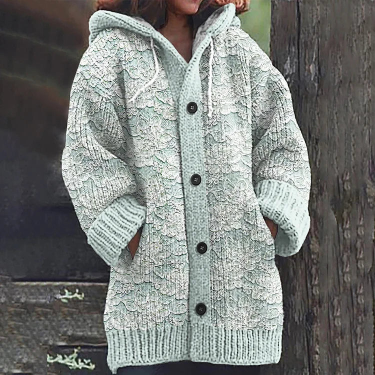 Vintage Lace Flowers Print Knitted Hooded Cardigan