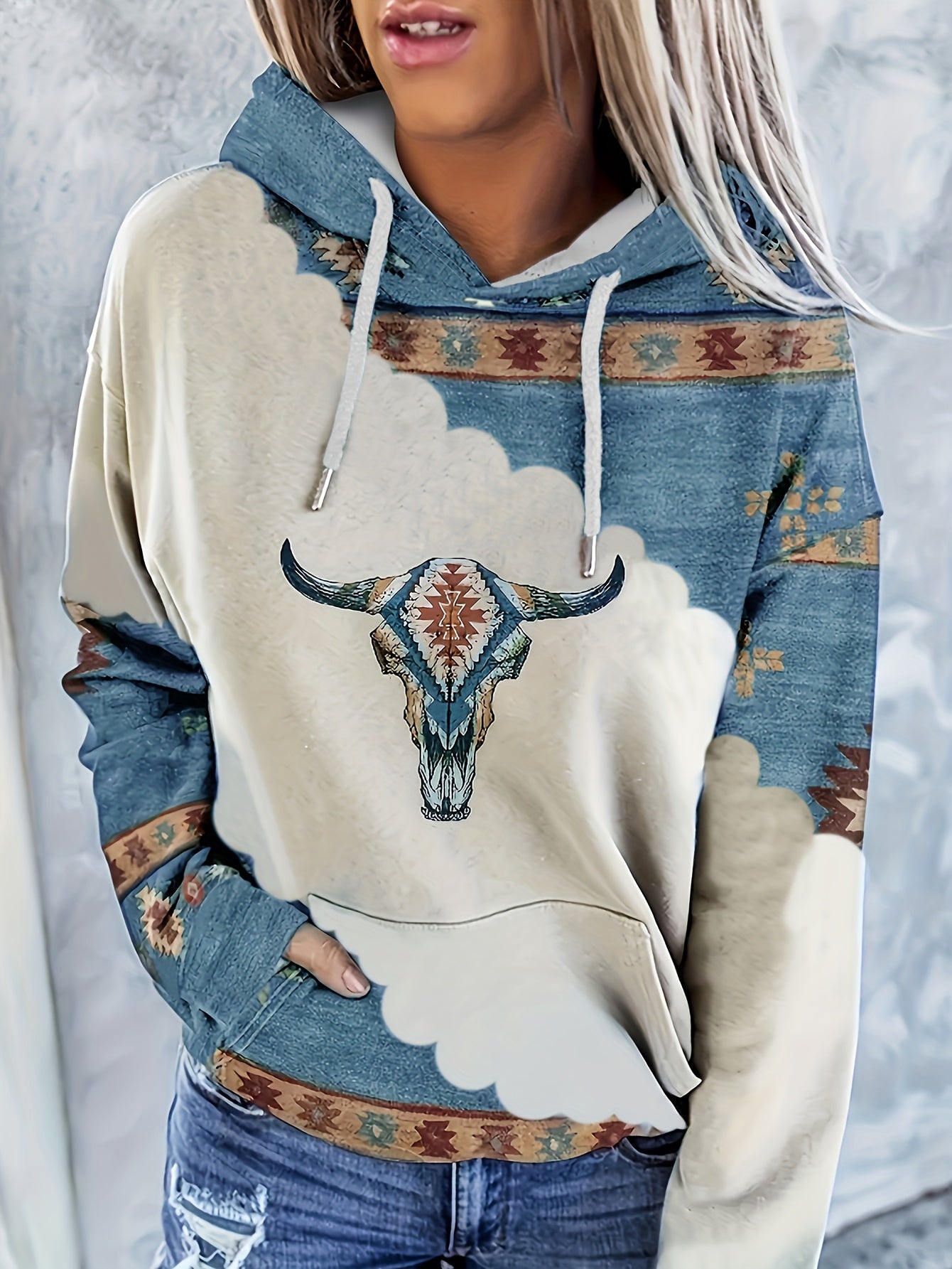 Women's Casual Western Bohemian Pullover Hoodie - Retro Ethnic Print Round Neck Sweatshirt with Adjustable Drawstring, Machine Washable All-Season Comfort, Cute Sweatshirts