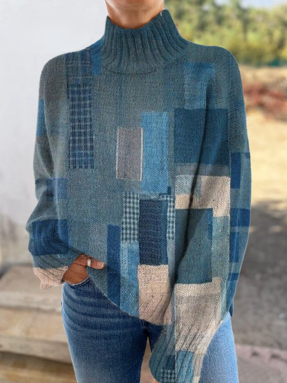 Vintage Distressed Patchwork Print Knit Turtleneck Pullover Sweater