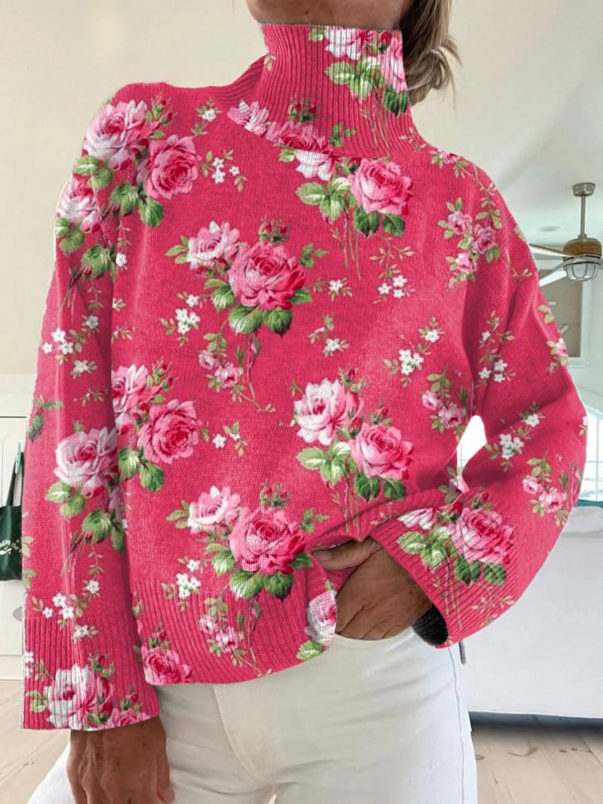 Vintage Floral Art Print Knit Turtleneck Pullover Sweater