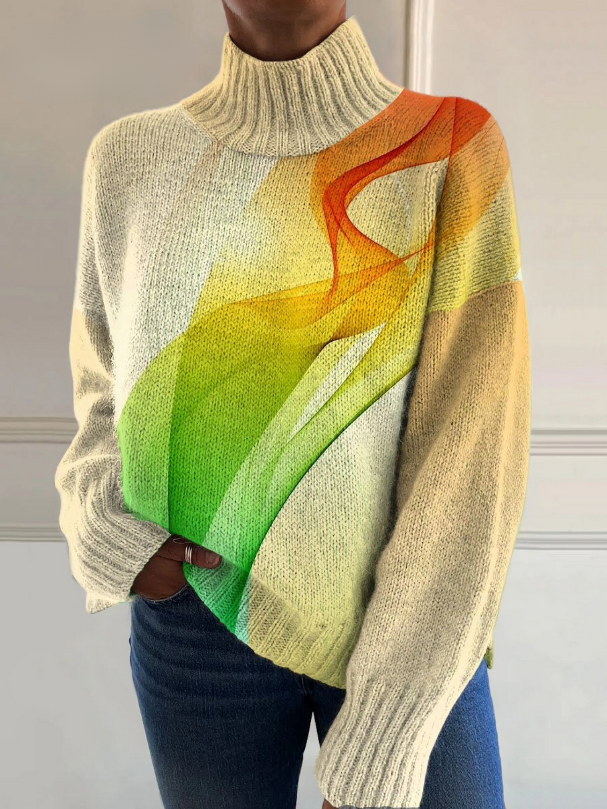 Colorful Line Art Print Knit Turtleneck Pullover Sweater