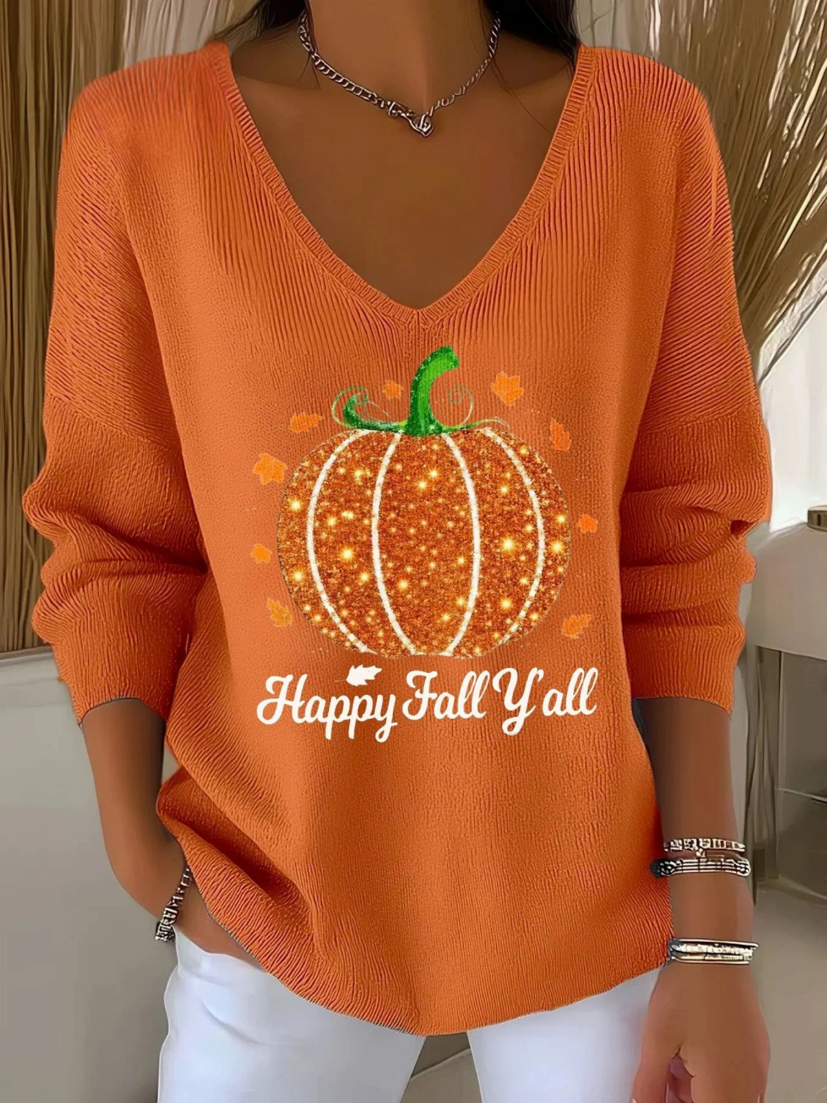 Women's Autumn Rhinestone Pumpkin Print V-Neck T-Shirt