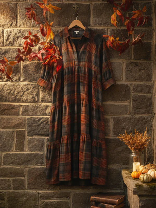 Women's Comfortable Plaid Print Shirt Midi Dress