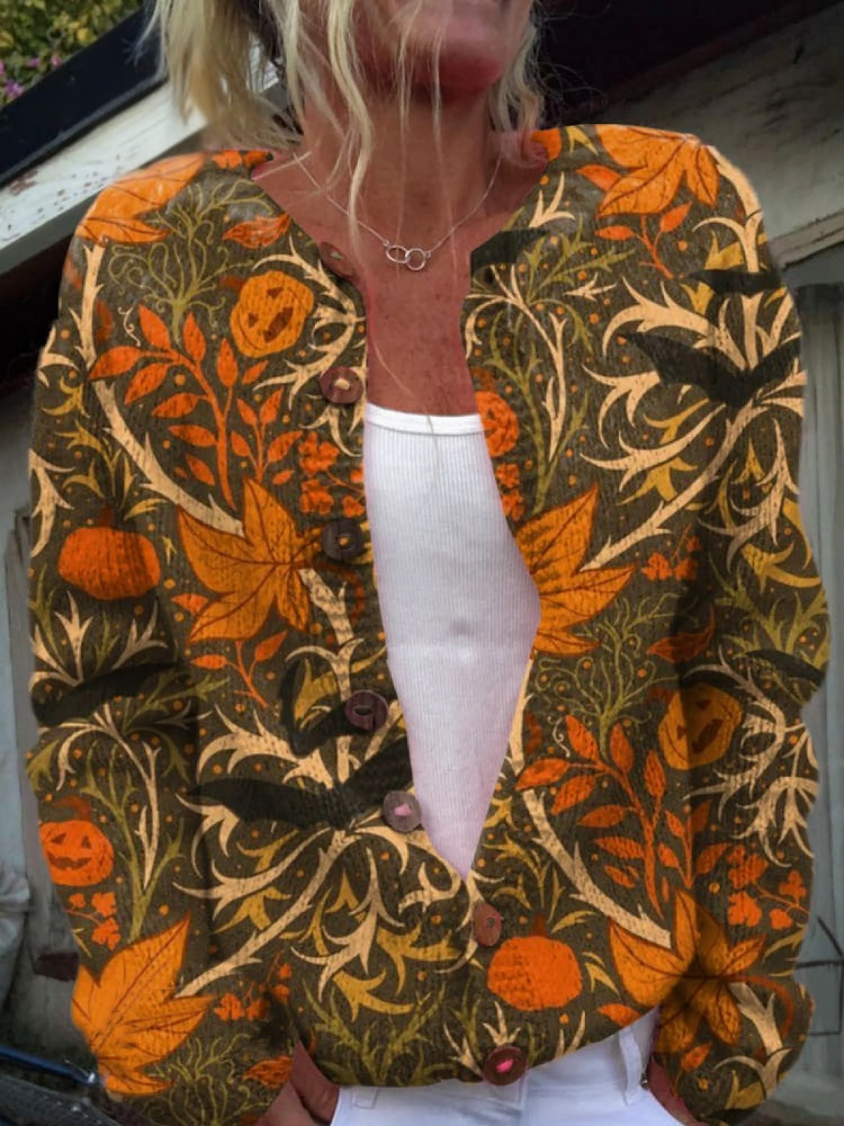 Halloween Pumpkin Maple Leaf Print Buttoned Cardigan Sweater