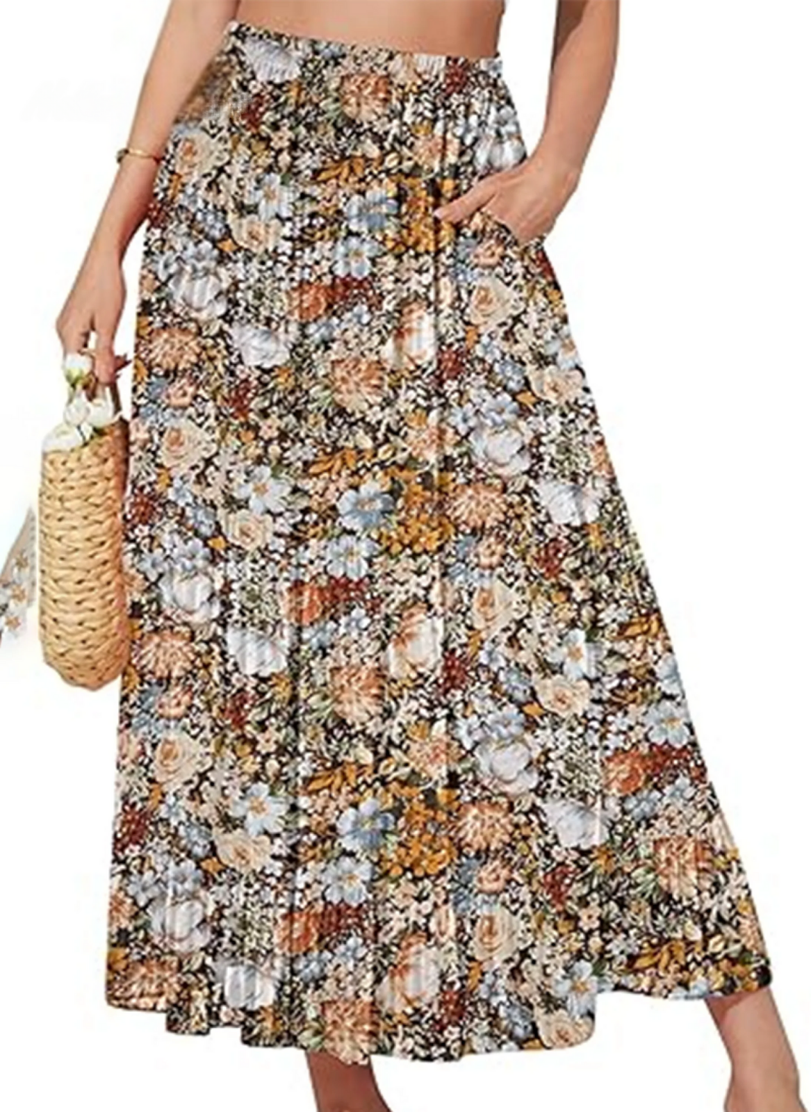 Autumn and Winter Floral Print Elastic Waist Skirt