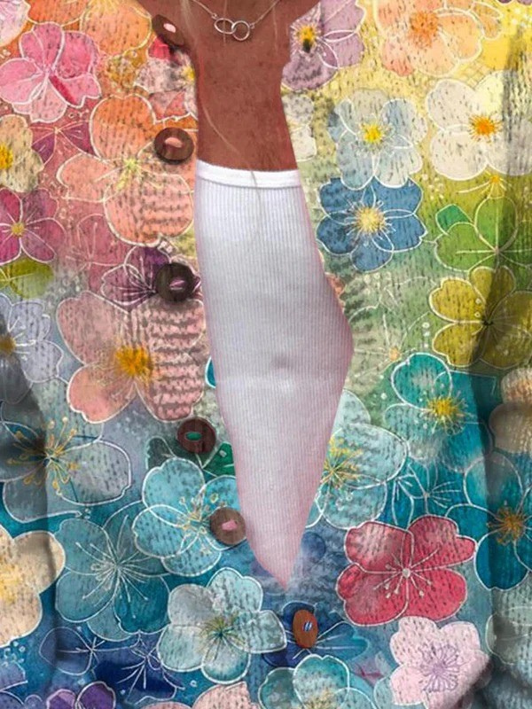 Women's Lovely Floral Art Print Buttoned Cardigan Sweater