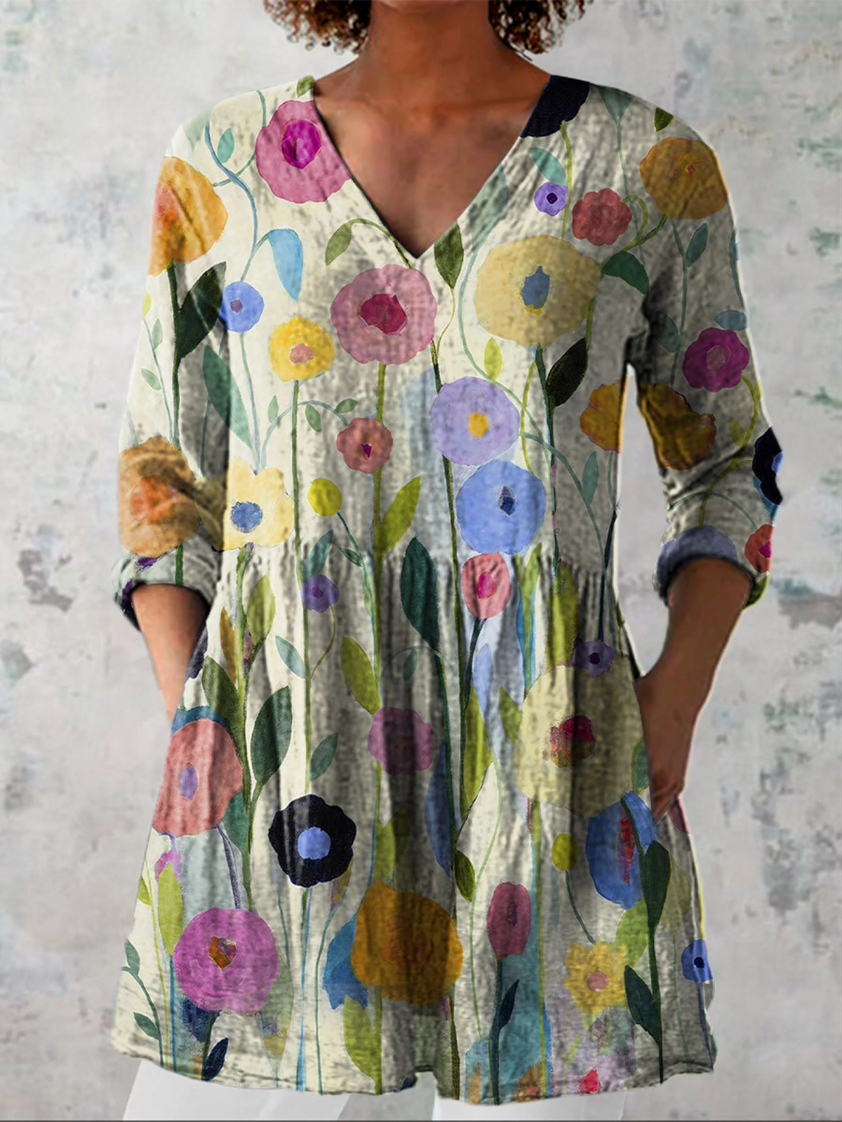 Oil Painting Spring Field Art Printed Women's Casual Linen V-Neck Tunic