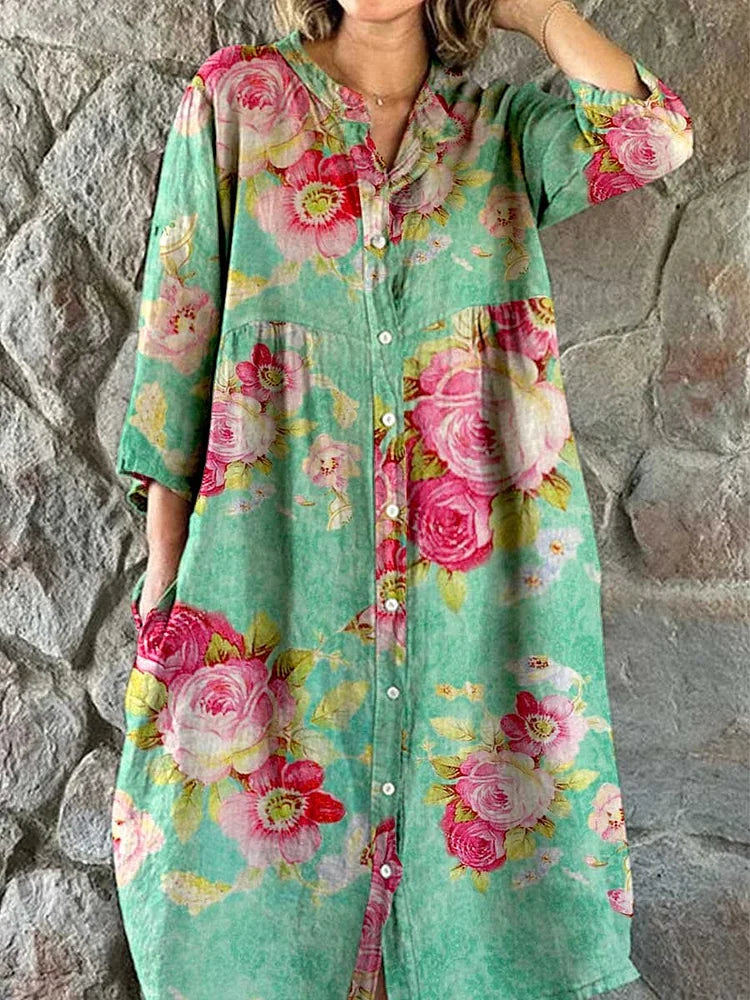 Women's Rose Floral Print Elegant Simple Shirt Cotton and LinenDress
