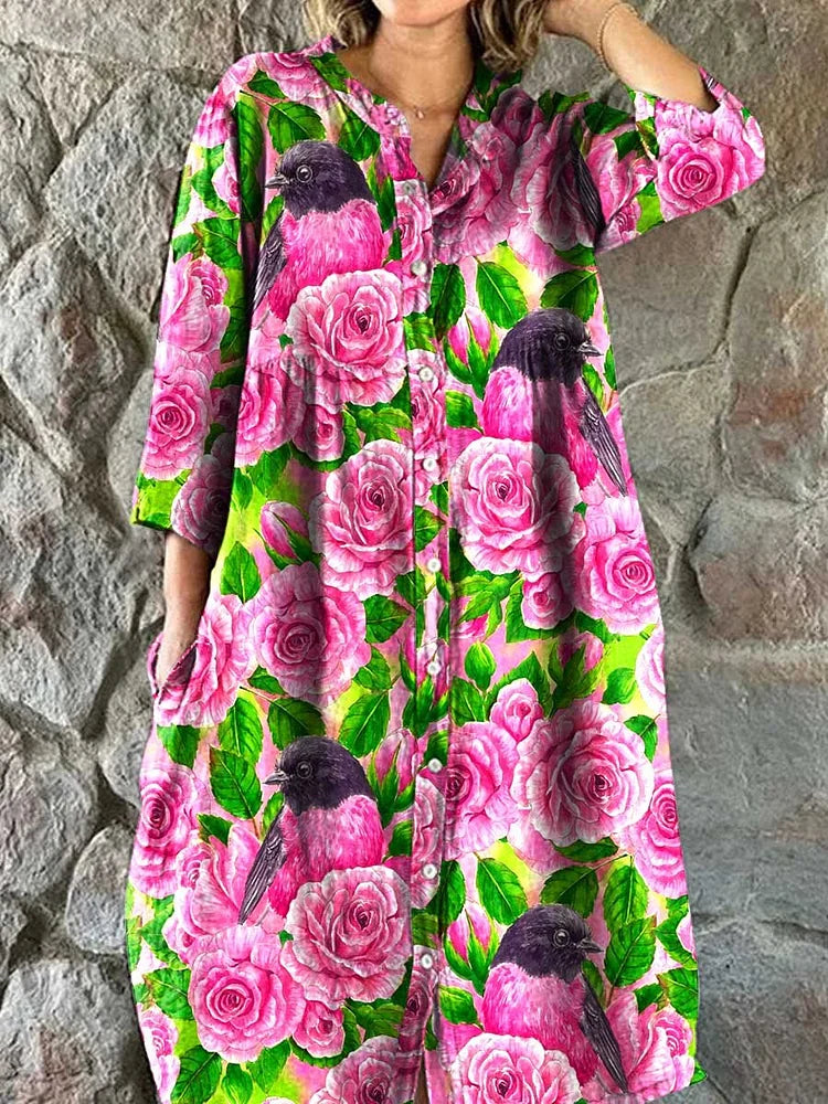 Women's Rose Floral Print Elegant Simple Cotton Shirt Dress