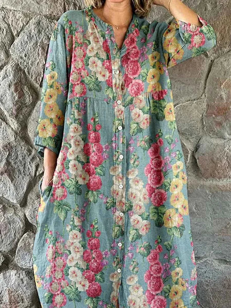 Women's Elegant Vintage Floral Print Shirt Style Cotton and Linen Dress
