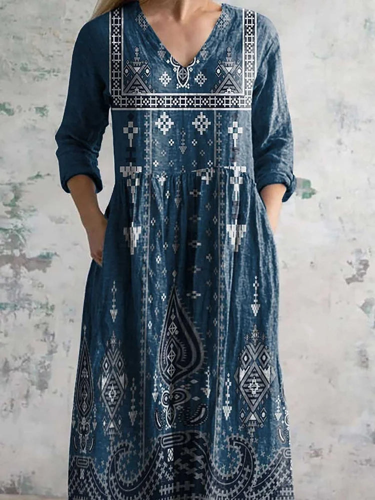 Women's V-Neck Bohemian Pattern Cotton and Linen Pocket Dress