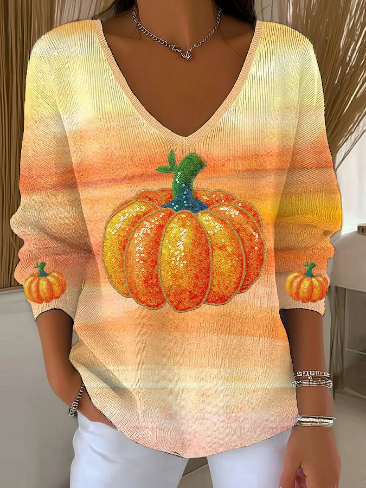 Women'S Retro Autumn Pumpkin Print T-Shirt