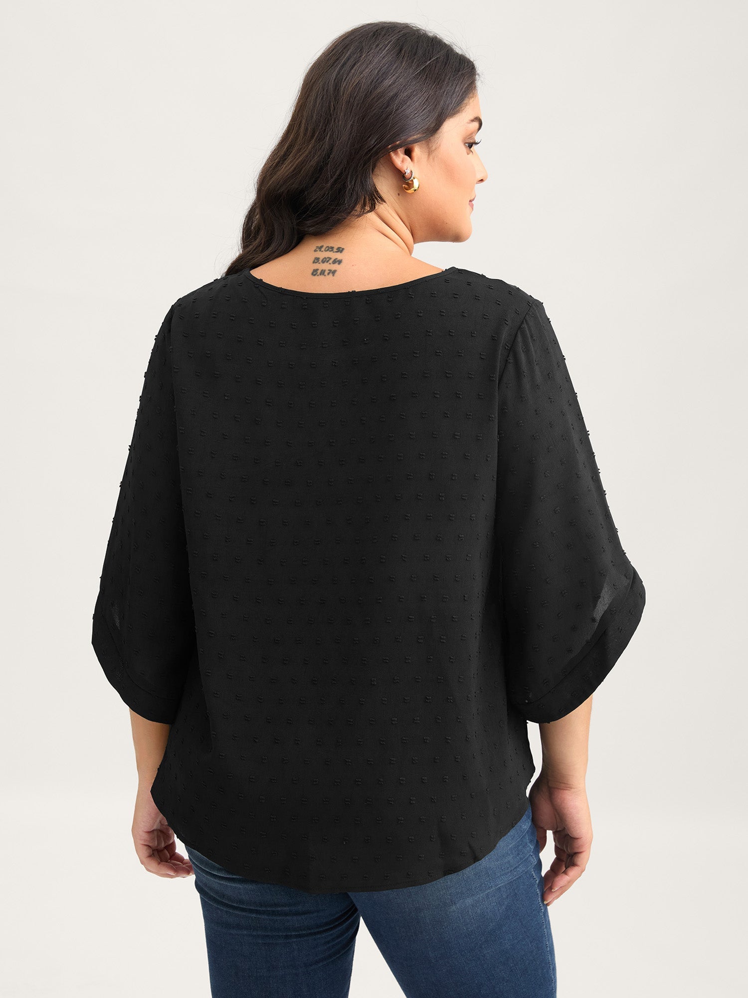 Textured Round Neck Bell Sleeve Blouse