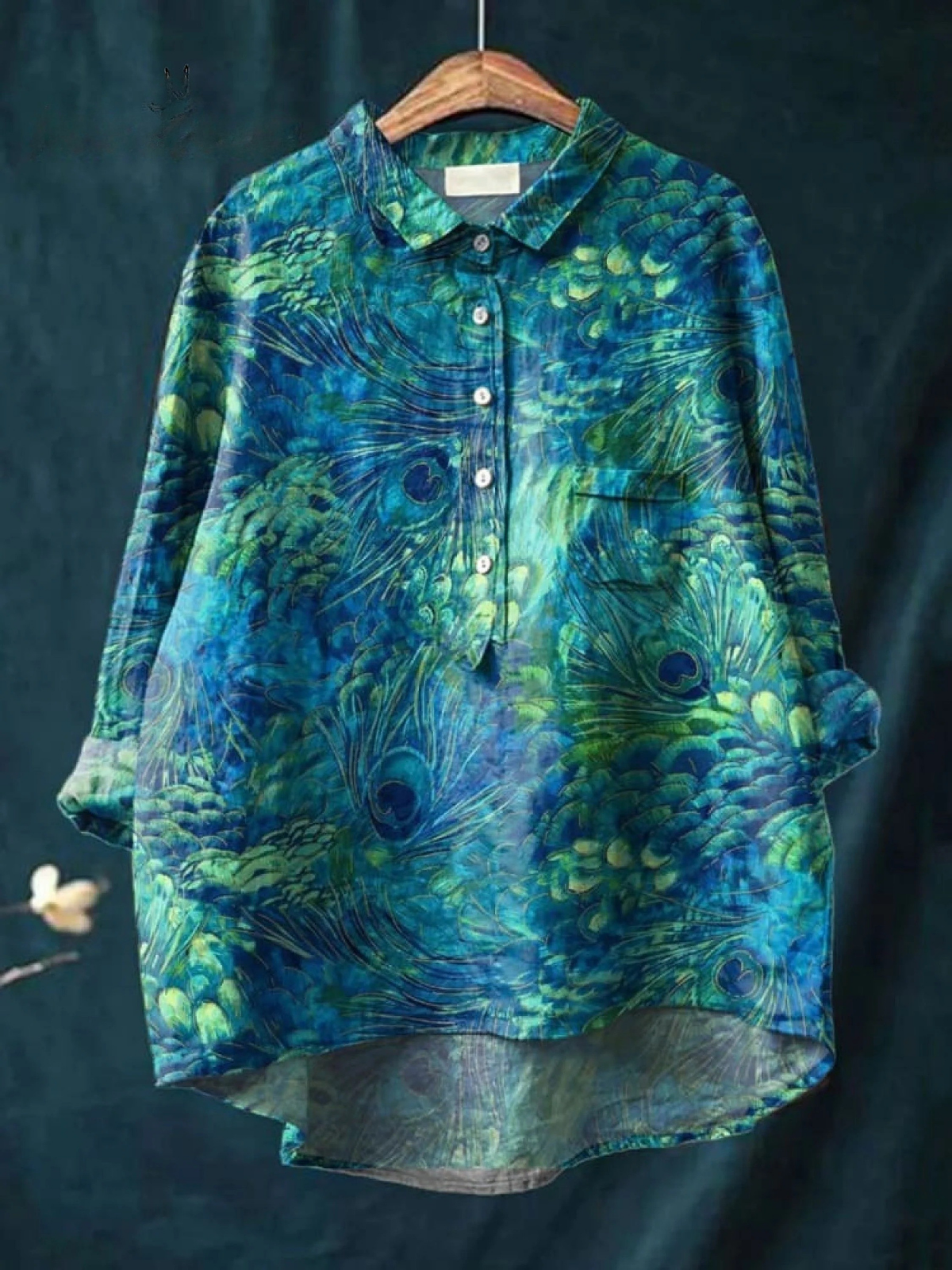 Women's Peacock Feather Print Casual Cotton Linen Shirt