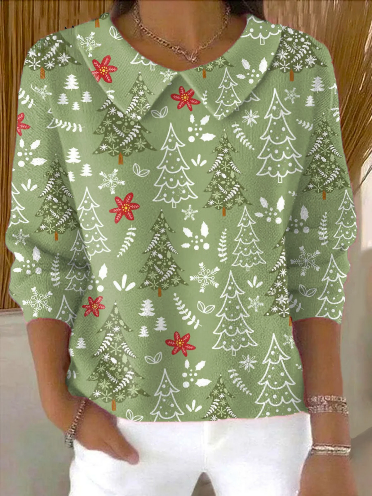 Women's Christmas Tree Art Print Casual Peter Pan Collar 3/4 Sleeve Sweater