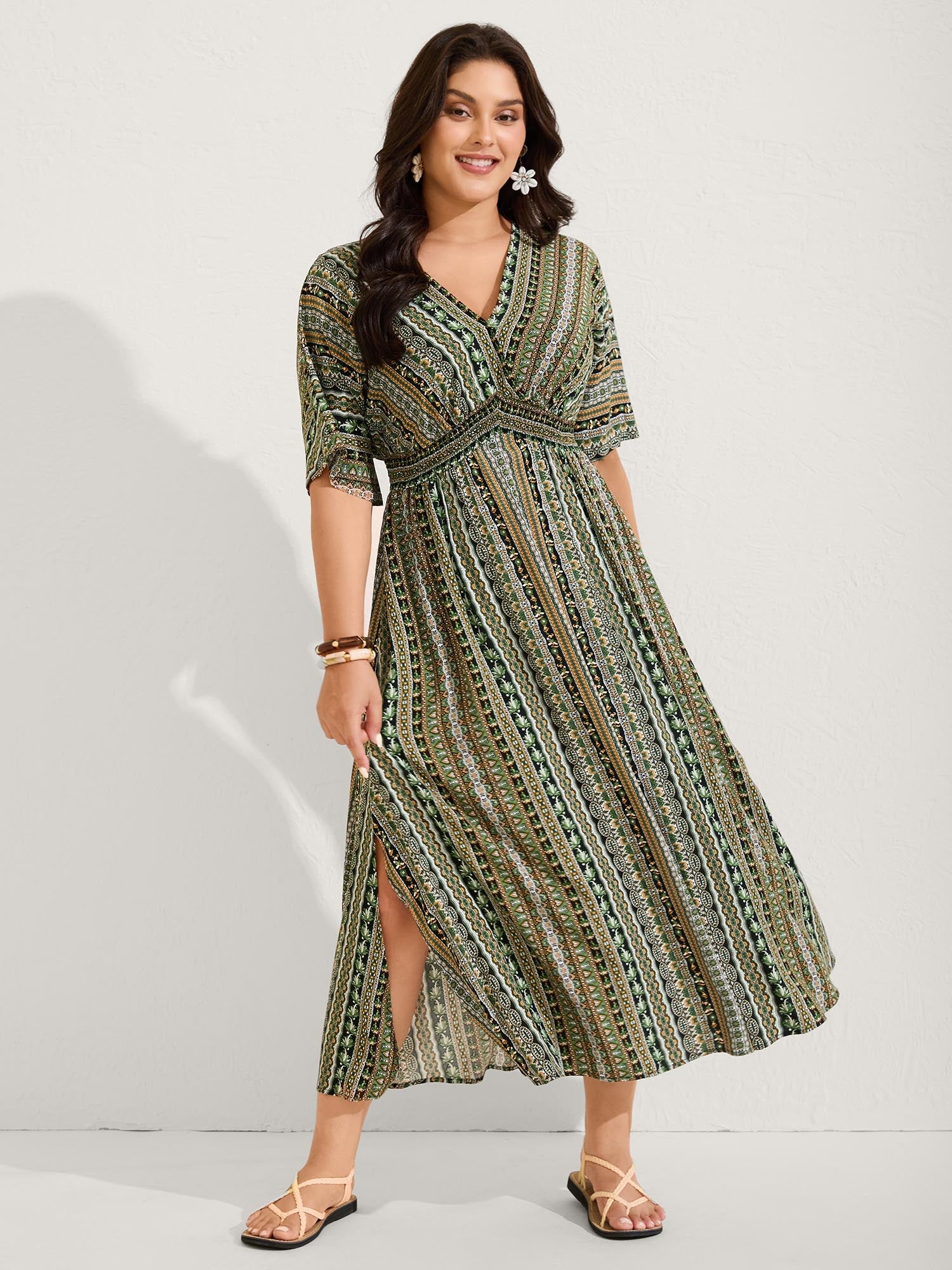 Striped Contrast Dolman Sleeve Shirred Pocket Split Flutter Dress