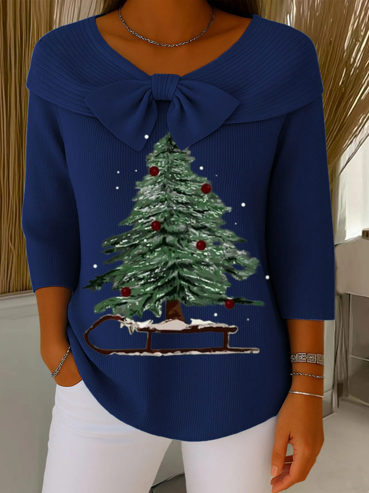 Vintage Christmas Tree Art Print Buttoned Cardigan Sweater