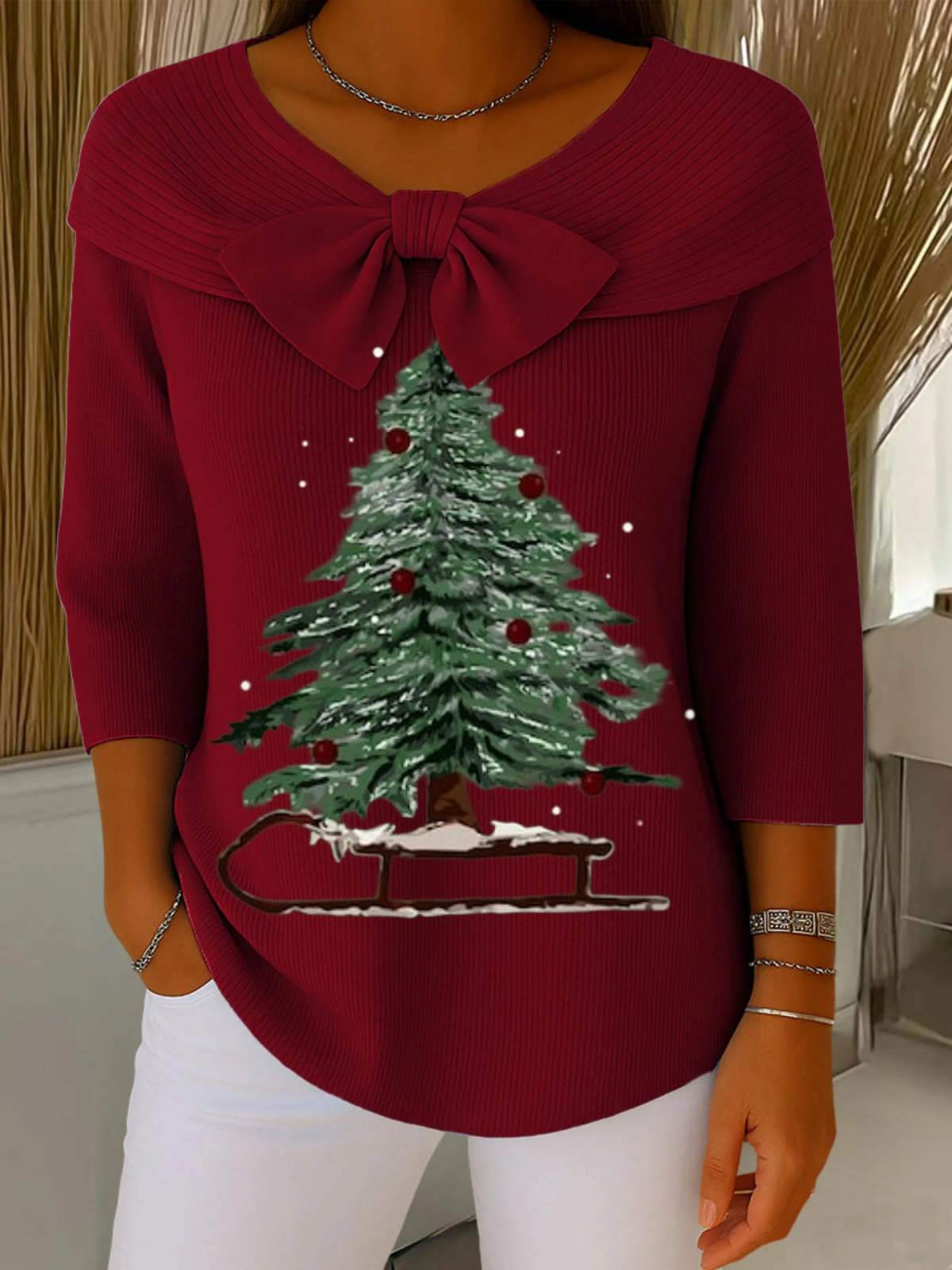 Vintage Christmas Tree Art Print Buttoned Cardigan Sweater