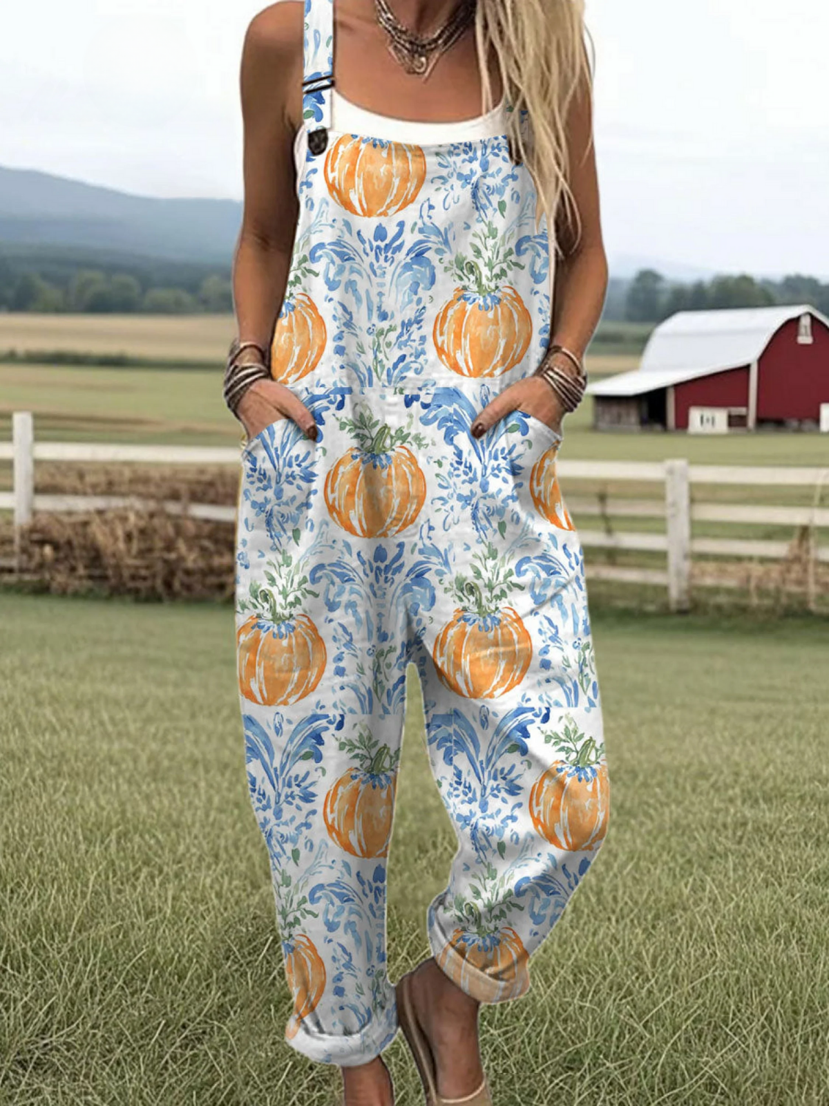 Women's Vintage Pumpkin Art Print Casual 100% Cotton Wide Leg Jumpsuit
