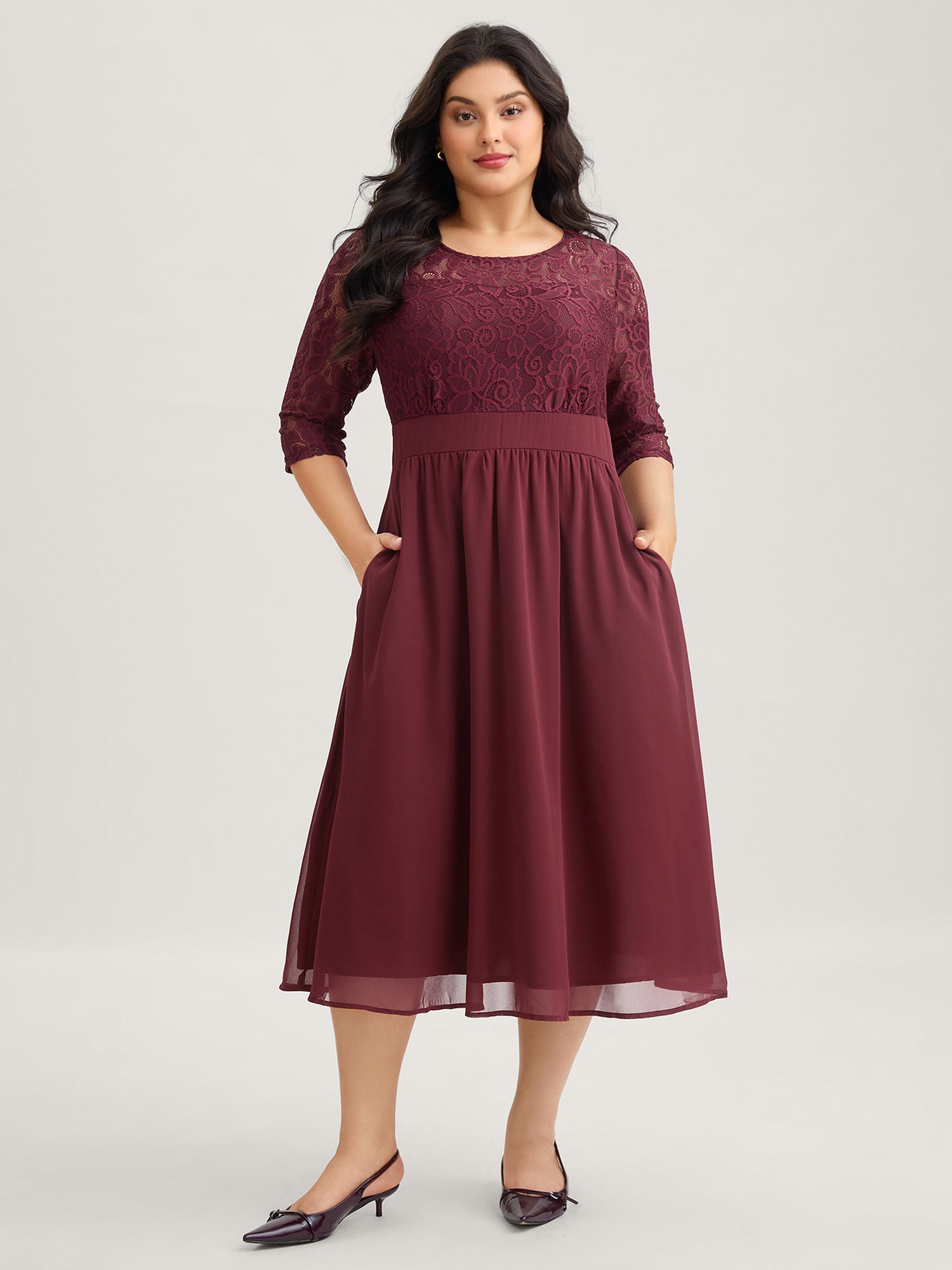 Lace Patchwork Shirred Midi Pocket Dress