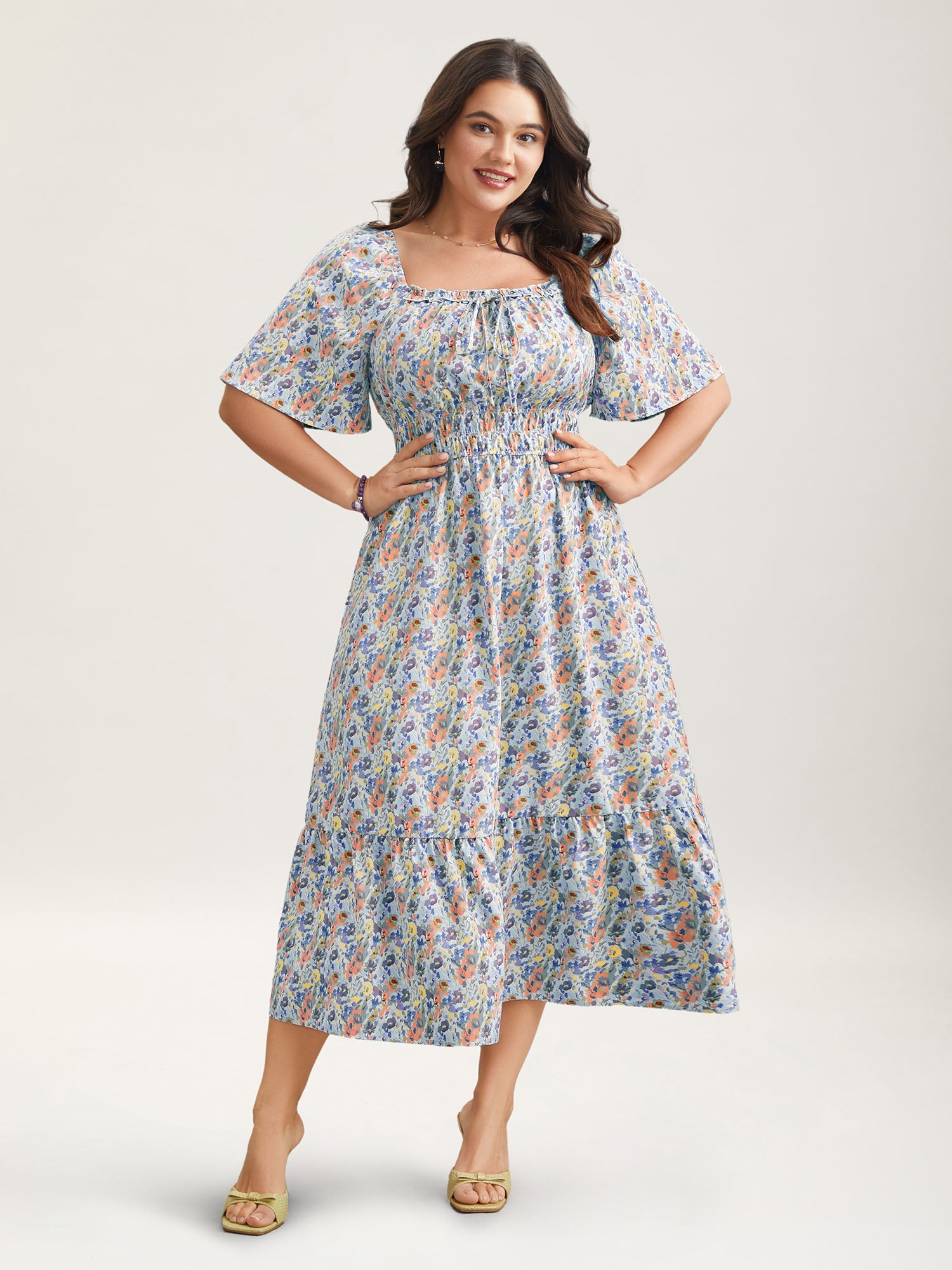 Smocked Waist Floral Ties Tiered Maxi Dress