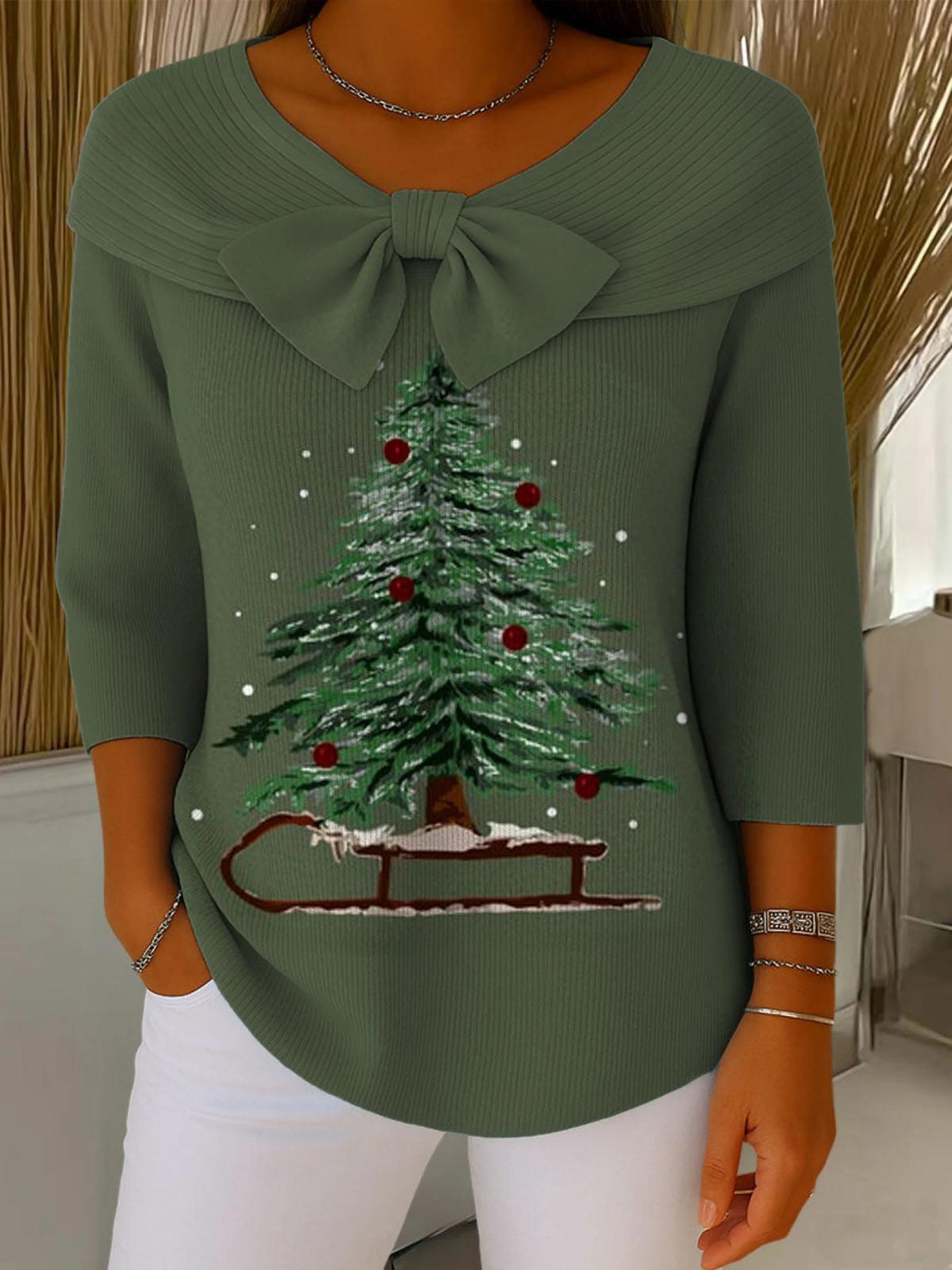 Vintage Christmas Tree Art Print Buttoned Cardigan Sweater