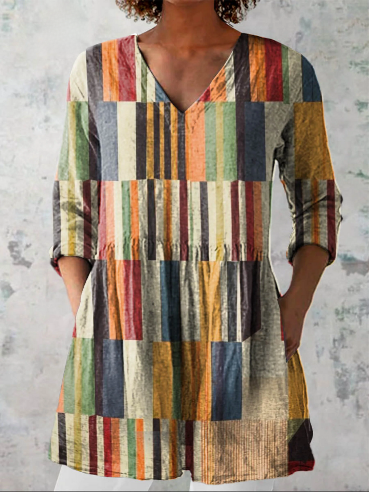 Women's Abstract Geometric Pattern Art Print Casual Cotton Linen V-neck Tunic