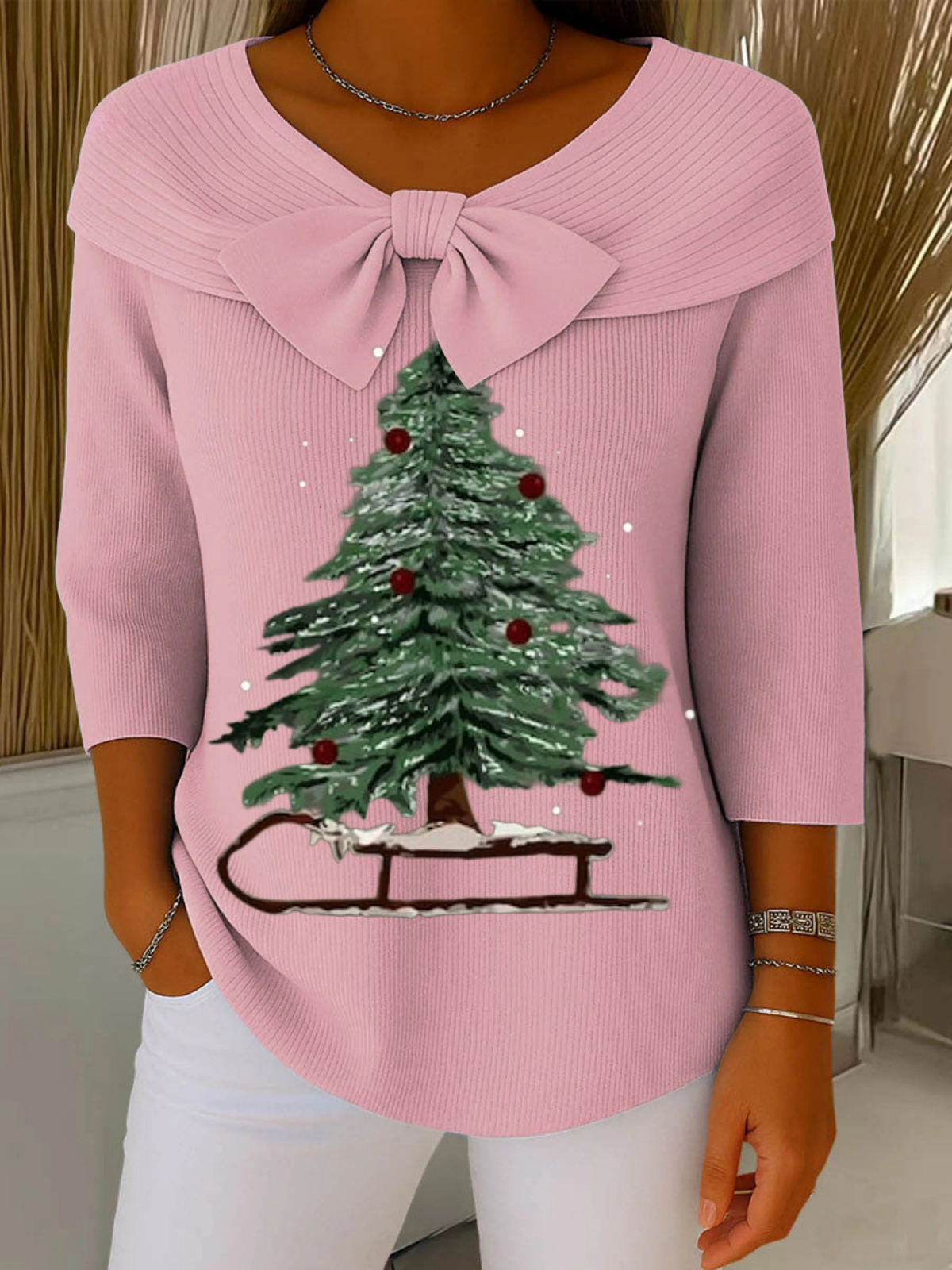 Vintage Christmas Tree Art Print Buttoned Cardigan Sweater
