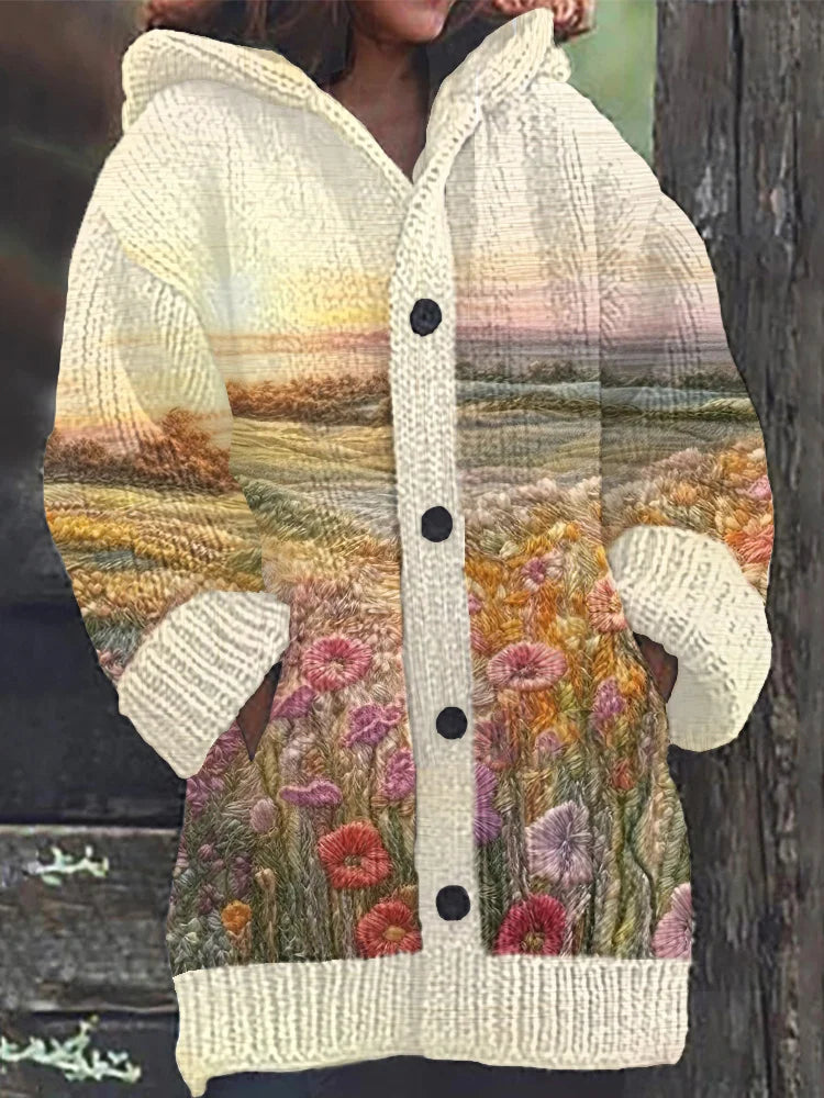 Embroidery Flower Landscape Cozy Knit Hooded Cardigan
