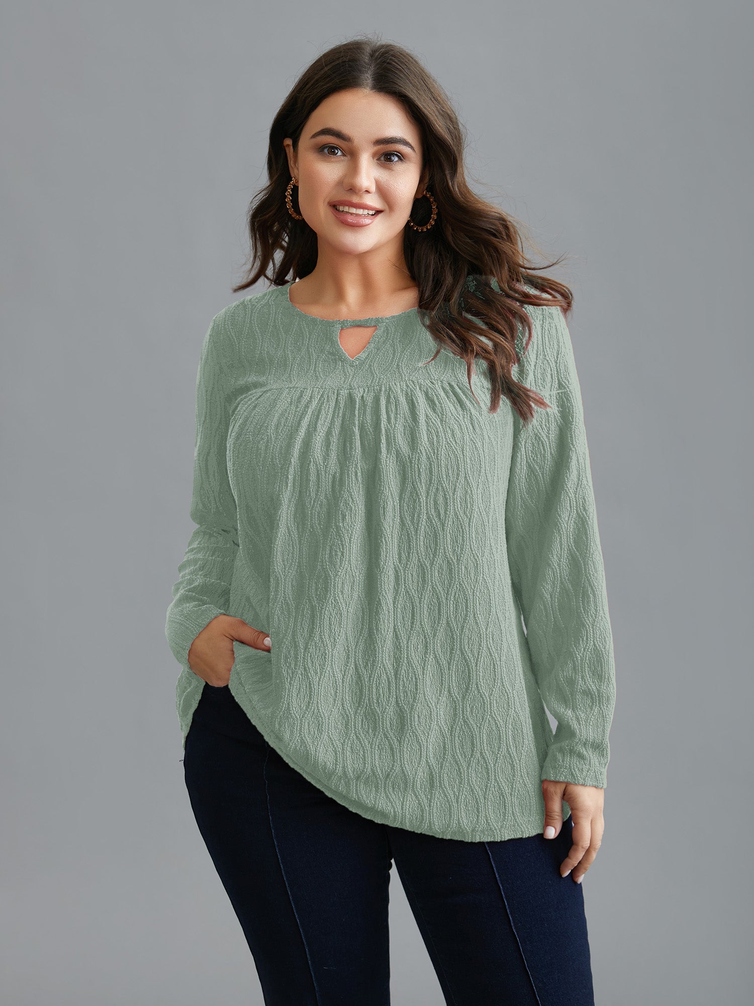 Textured Keyhole Gathered Knit Top