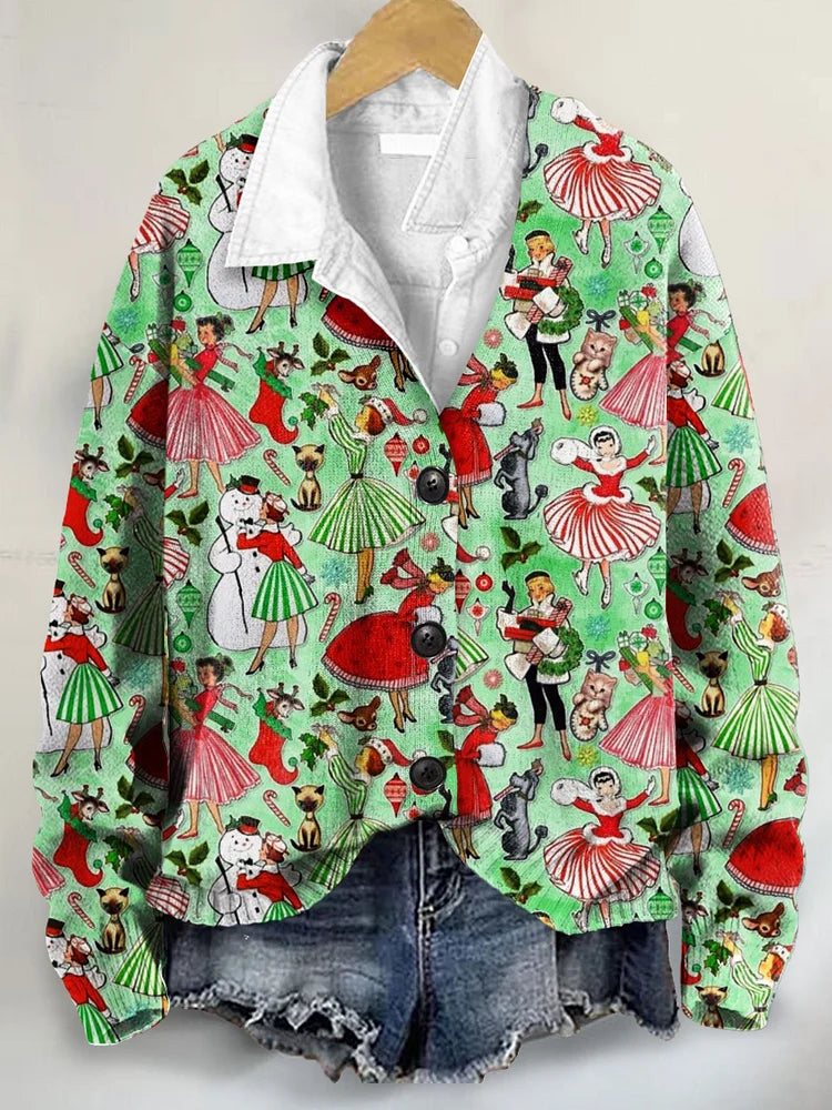 Vintage Cute Christmas Art Print Buttoned V-neck Cardigan Sweater