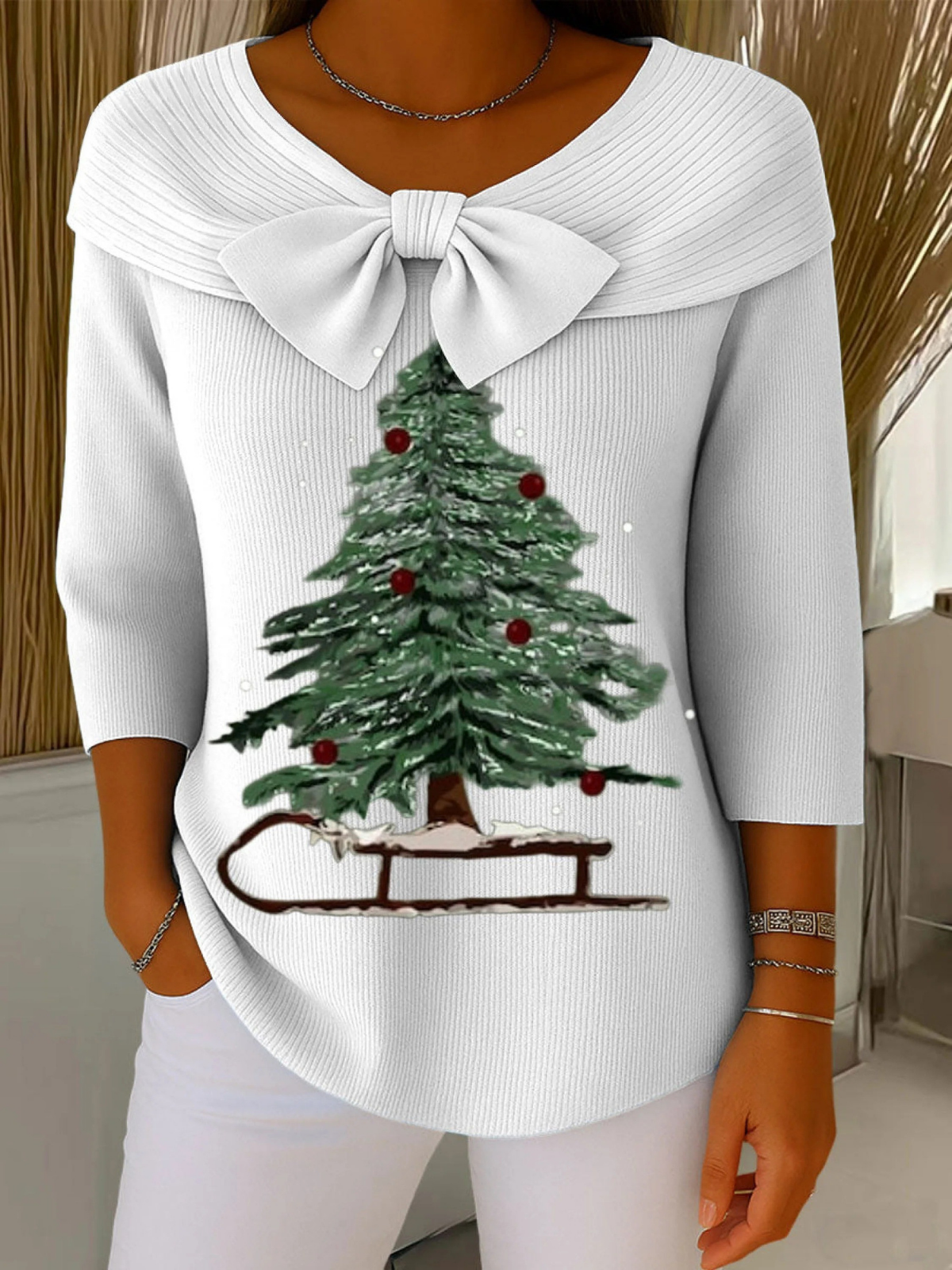 Vintage Christmas Tree Art Print Buttoned Cardigan Sweater