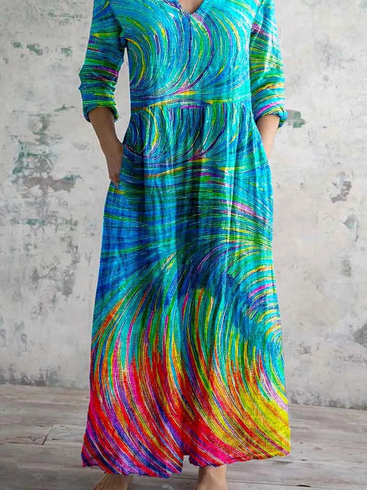 Women's Art Rainbow Print V-Neck Cotton and Linen Dress