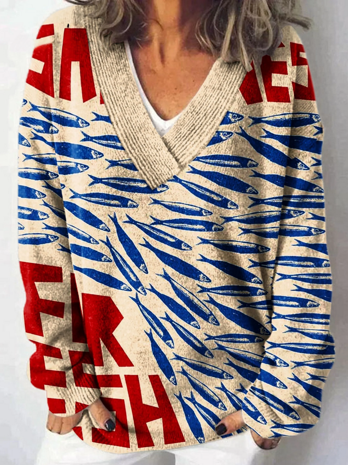 Vintage Fish Sardines Art Print Knit V-neck Pullover Sweater