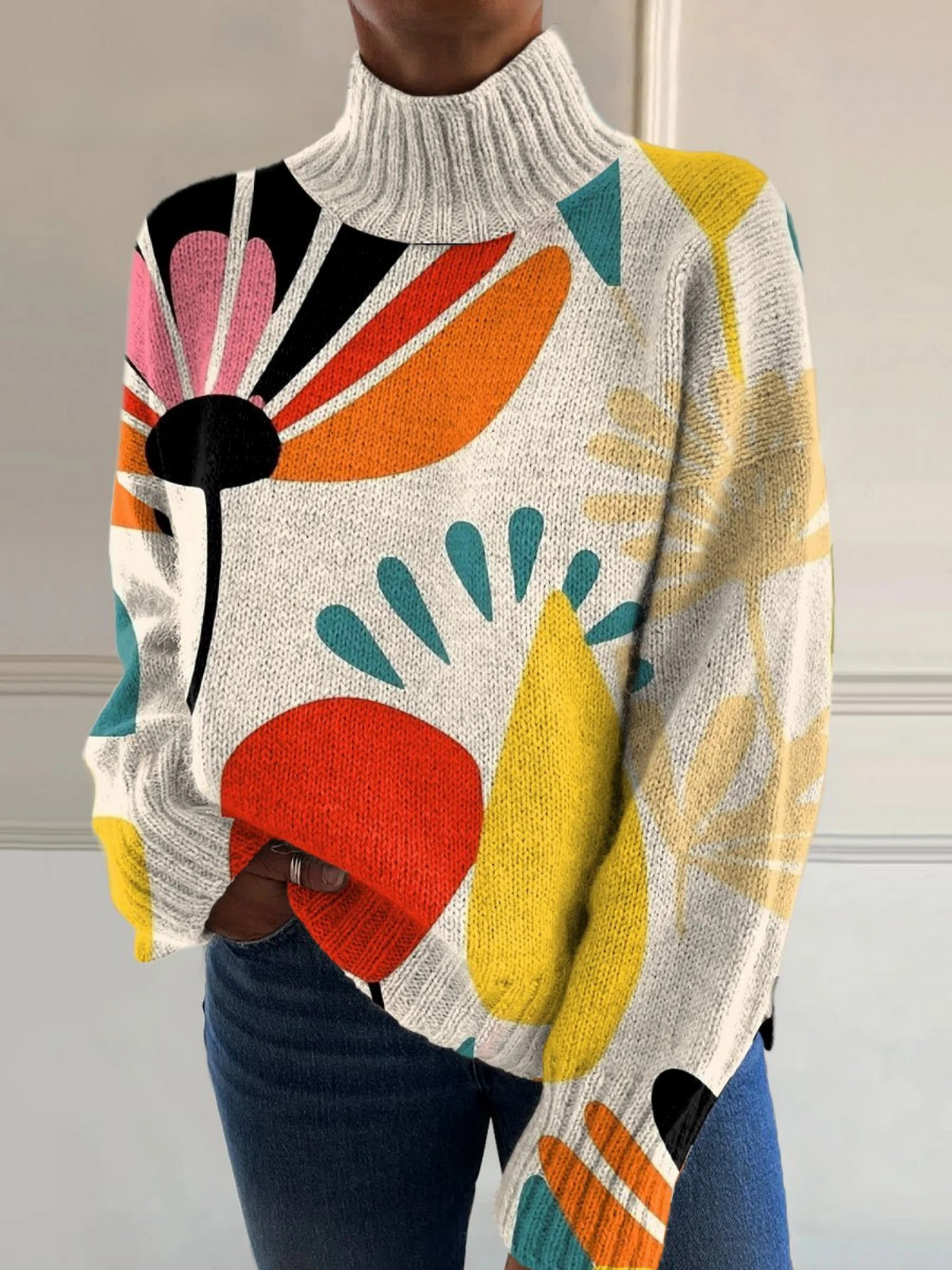 Vintage Color Block Floral Art Print Knit Turtleneck Pullover Sweater
