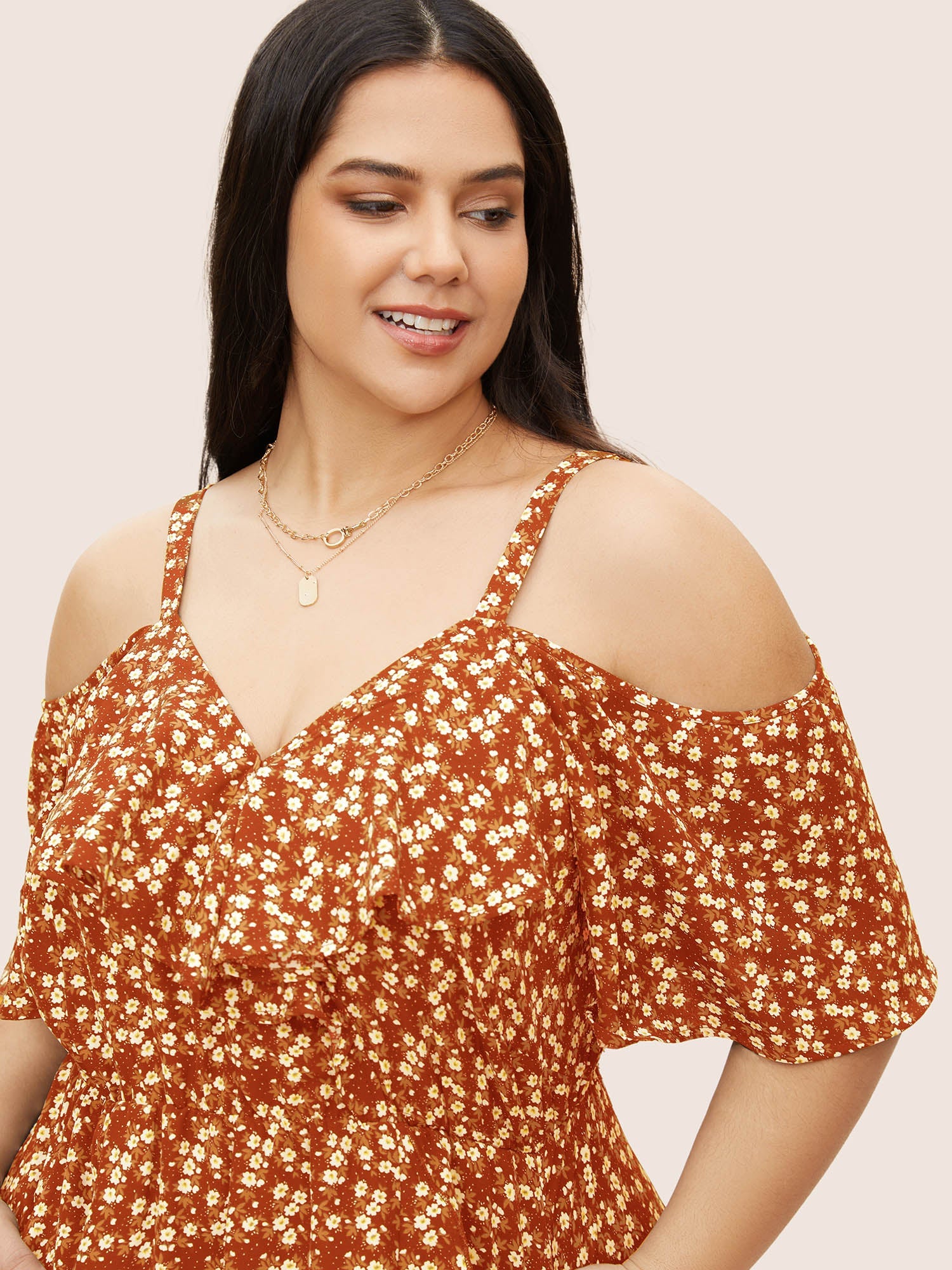 Ditsy Floral Pocket Wrap Cold Shoulder Ruffle Dress