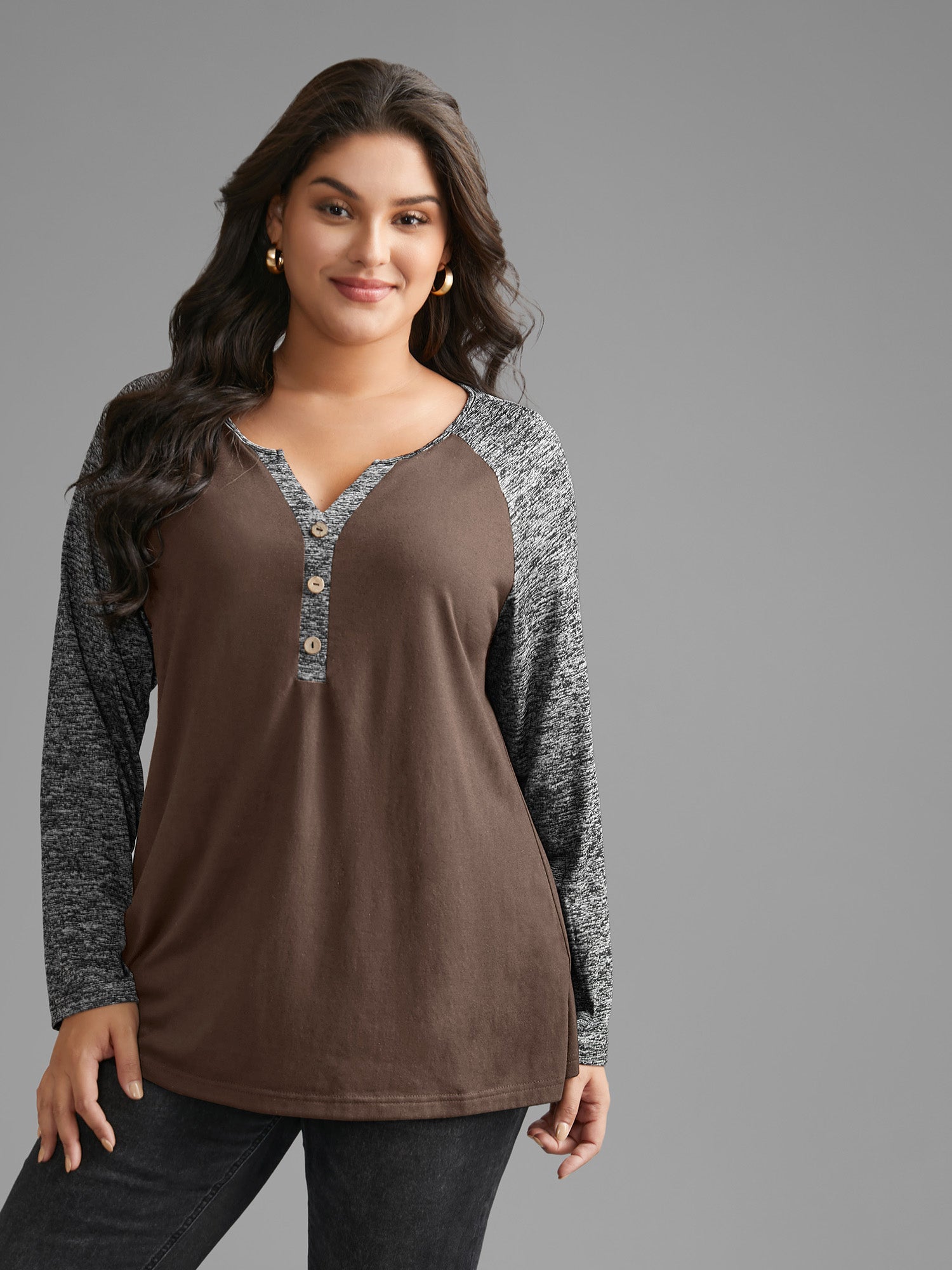 Heather Patchwork Button Detail Stretchy T-Shirt