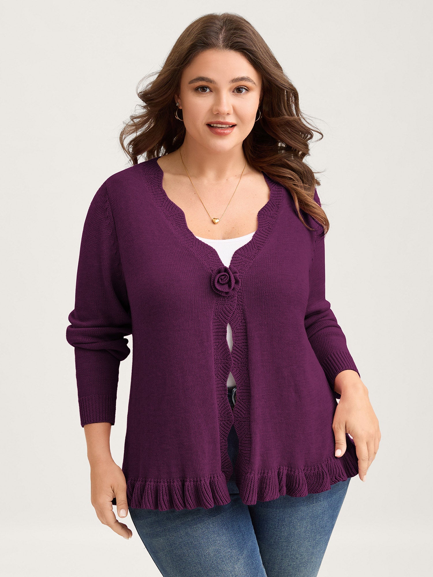 Supersoft Textured Floral Button Ruffled Hem Knit Cardigan