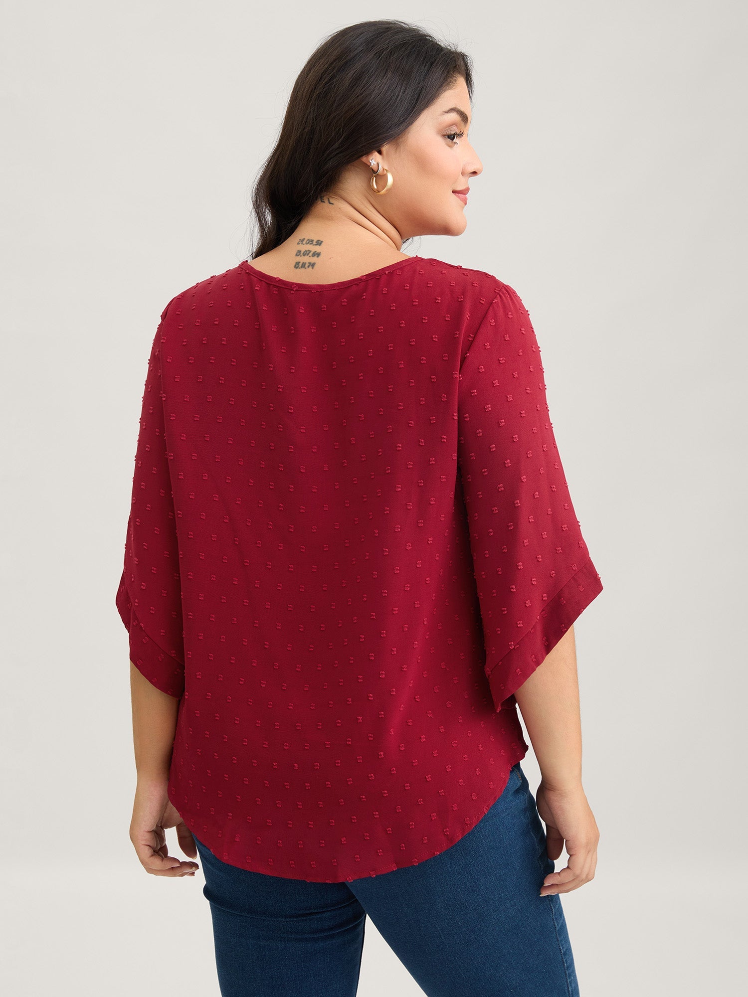 Textured Round Neck Bell Sleeve Blouse