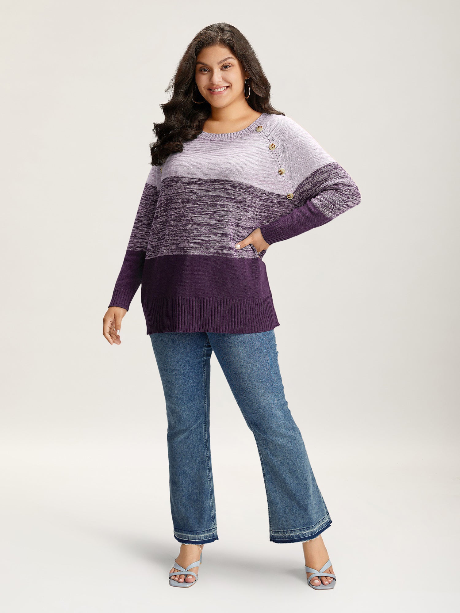 Colorblock Contrast Heather Button Detail Pullover