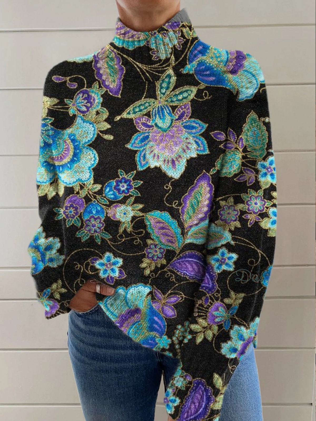 Vintage Blue Ethnic Florals Art Print Knit Turtleneck Pullover Sweater
