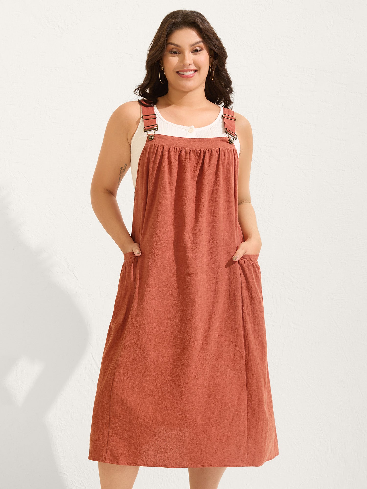 Pure Cotton Pleated Pockets Midi Dress