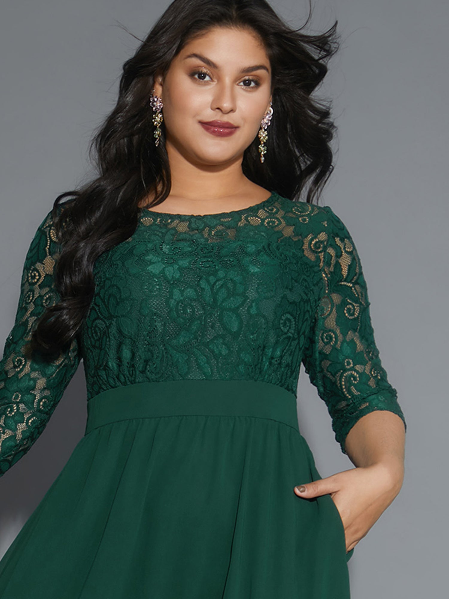 Lace Patchwork Shirred Midi Pocket Dress