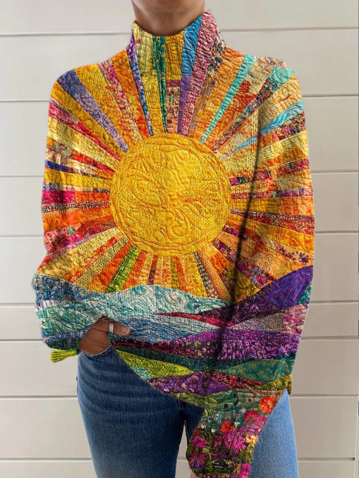 Women's Vintage Lovely Sun Floral Patchwork Art Print Knit Turtleneck Pullover Sweater