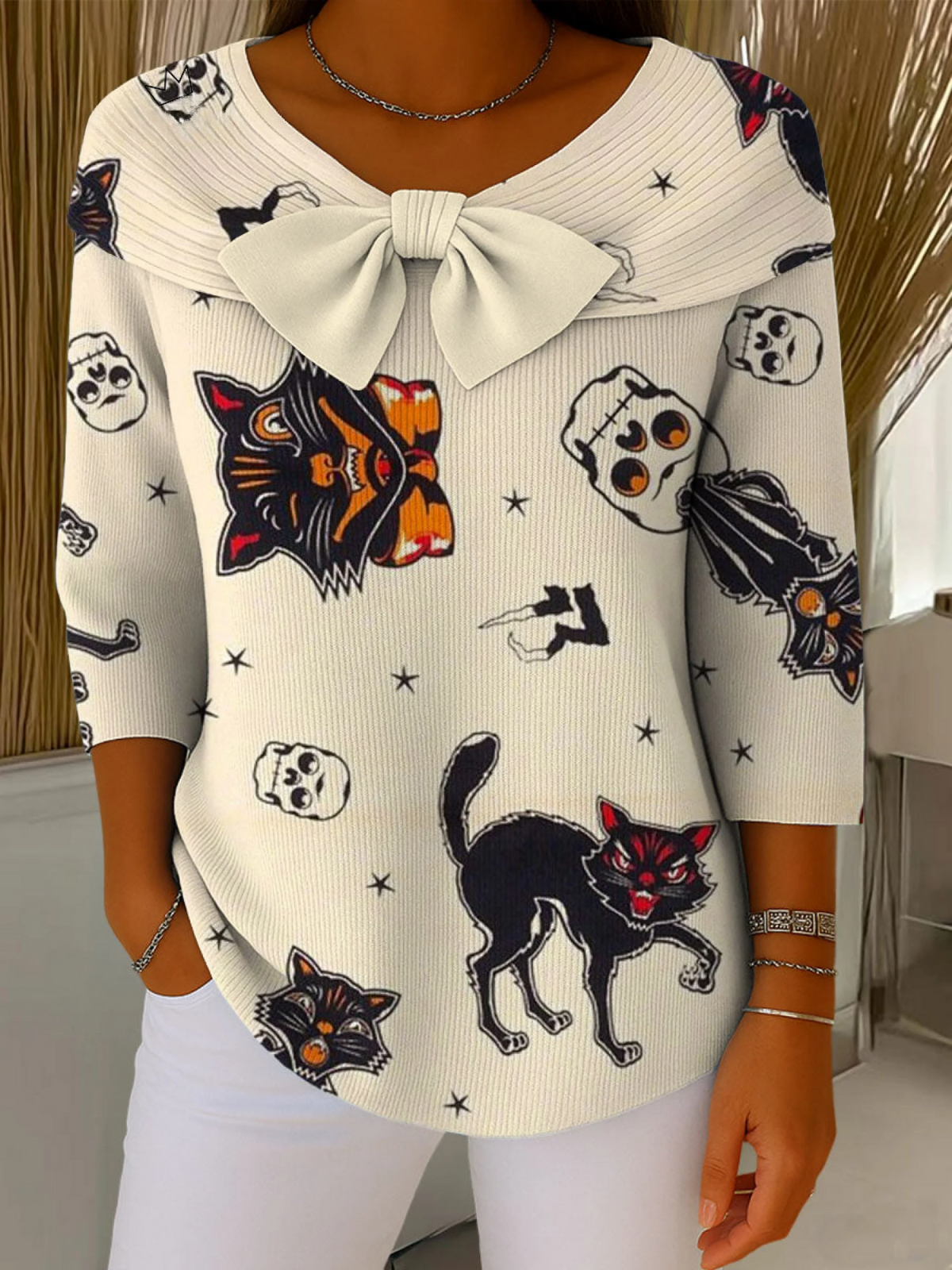 Halloween Black Cat Contrasting Colors Print Buttoned Cardigan Sweater