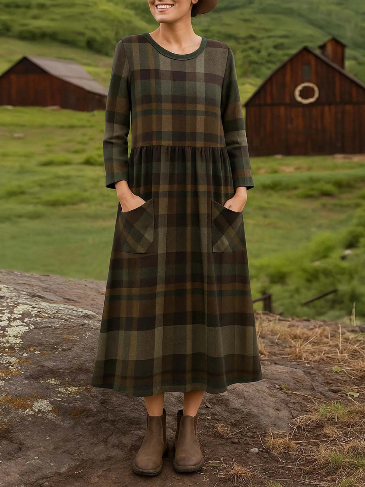 Women's Round Neck Long Sleeve Plaid Print Casual Cotton A-Line Dress