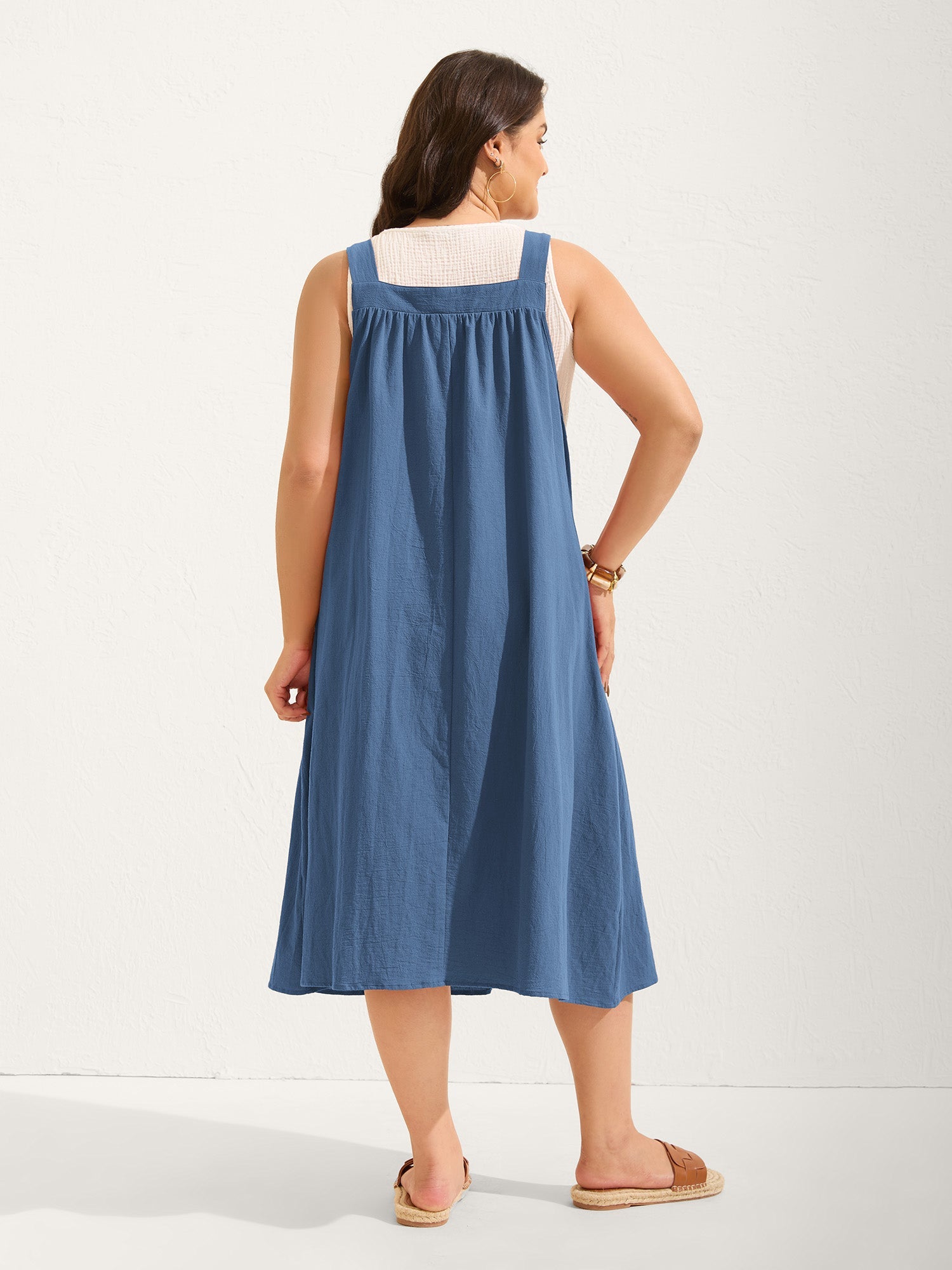 Pure Cotton Pleated Pockets Midi Dress