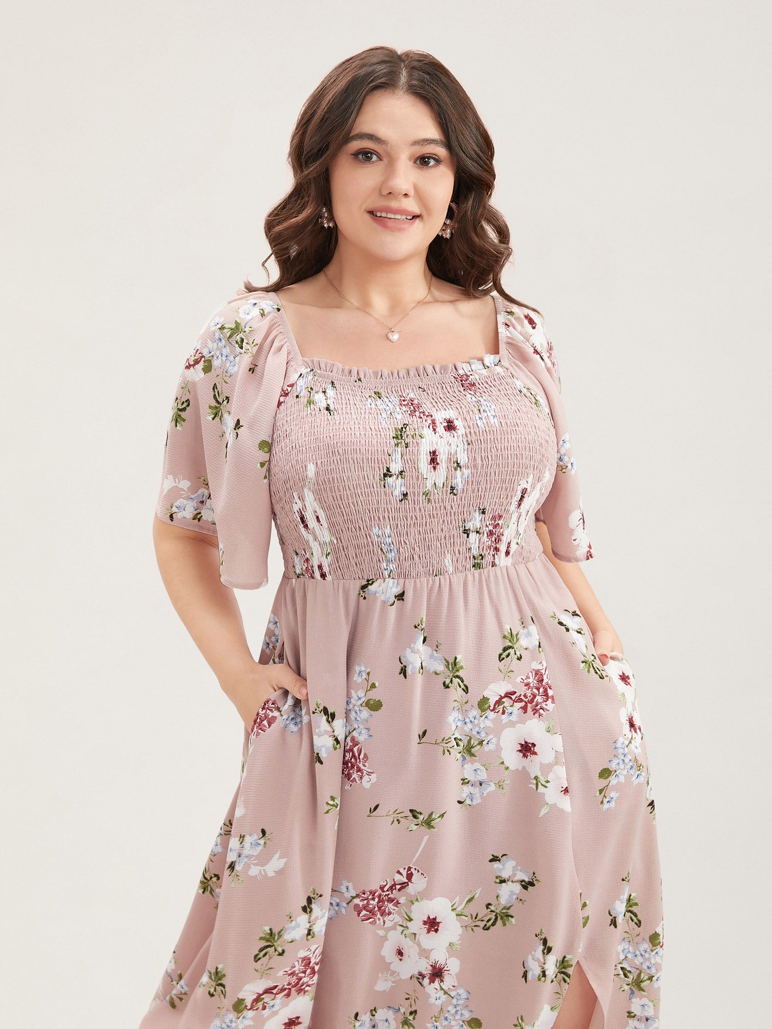 Floral Square Neck Ruffles Pocket Shirred Split Dress