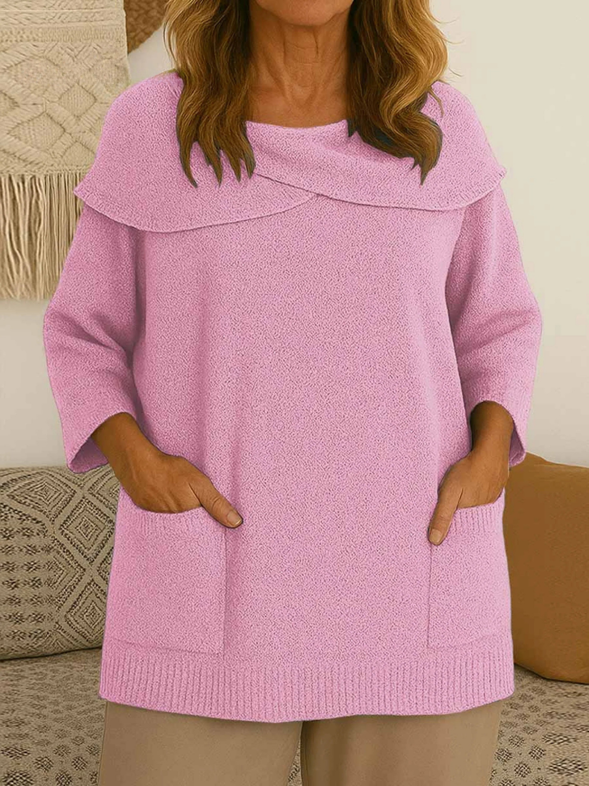 Women's Solid Color Lapel 3/4 Sleeve Casual Loose Pullover Sweater